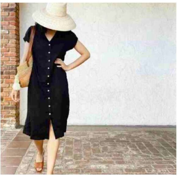 Two Days Off Kaneko Black Linen Button Front Cap Sleeve Midi Dress Size Medium - Picture 2 of 12